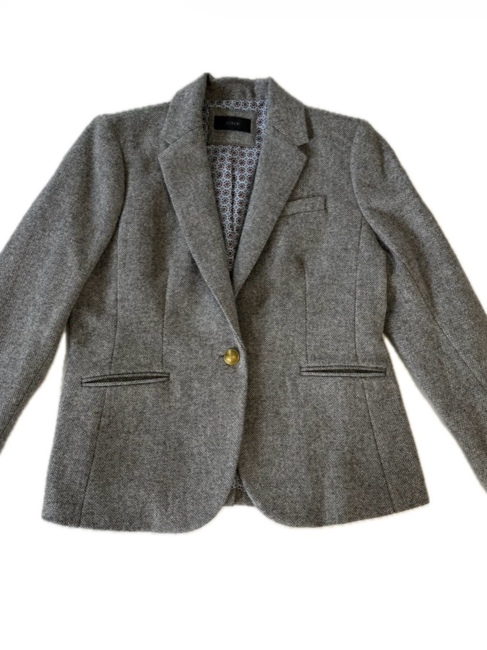J. Crew Campbell Wool Tweed Blazer Gray Gold Crest Button Jacket